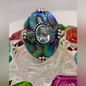 Vintage Merav Indonesian Sterling Topaz & Abalone Inlaid Ring